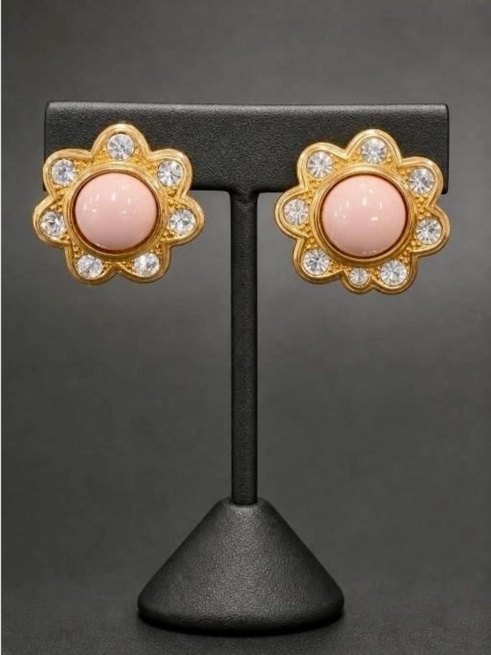Vintage Joan Rivers Pink Cabochon Flower Clip On Earrings